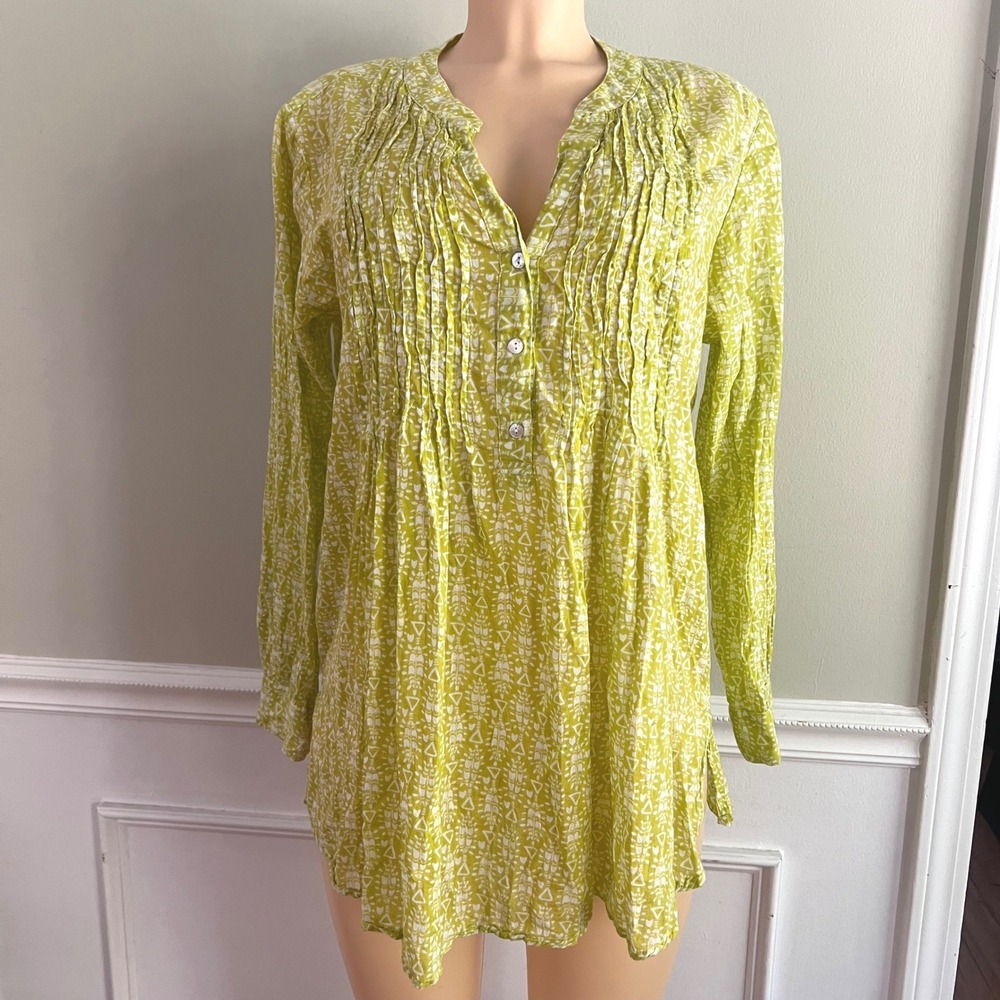 Rock Flower Paper Tunic Blouse Womens L Pintuck Cotton Chartreuse Green Boho
